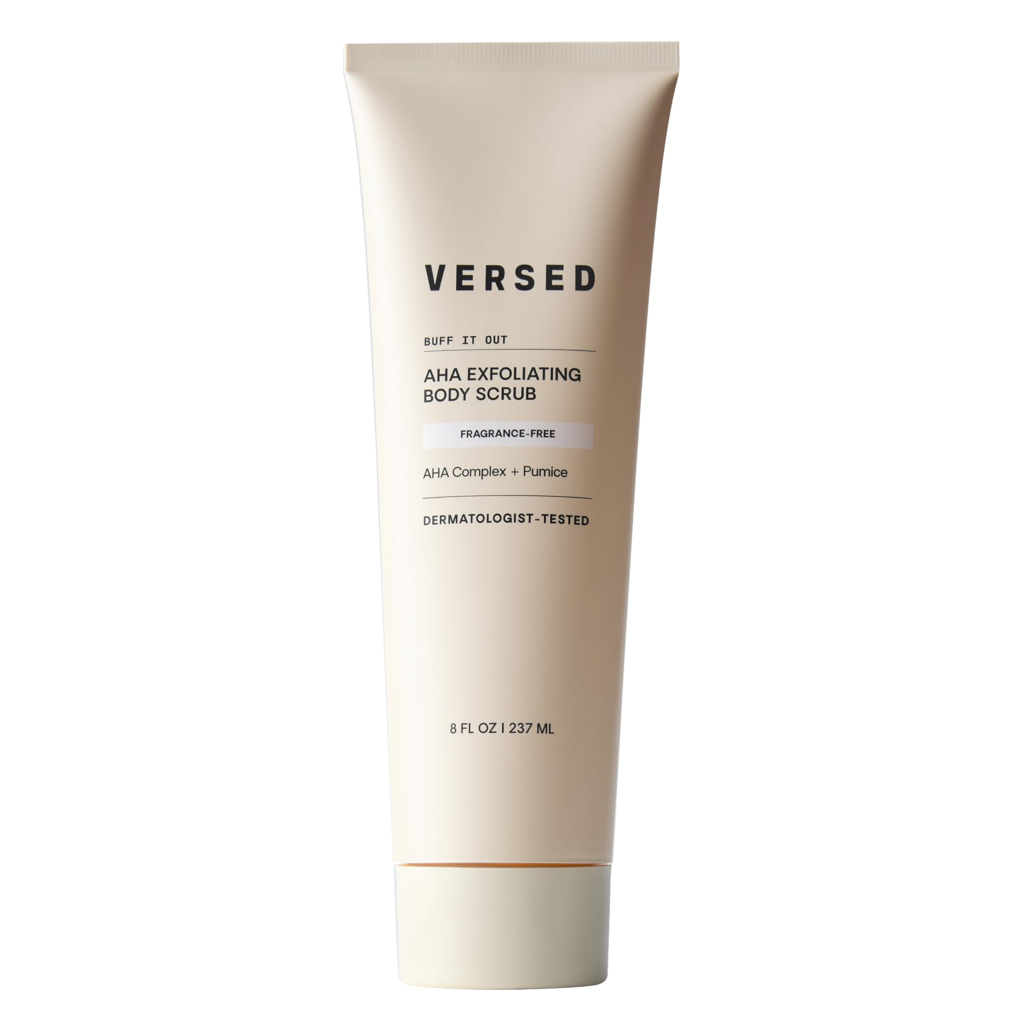 Versed Buff It Out exfoliating scrub jar demonstrates creamy texture for smoother, more refined skin.