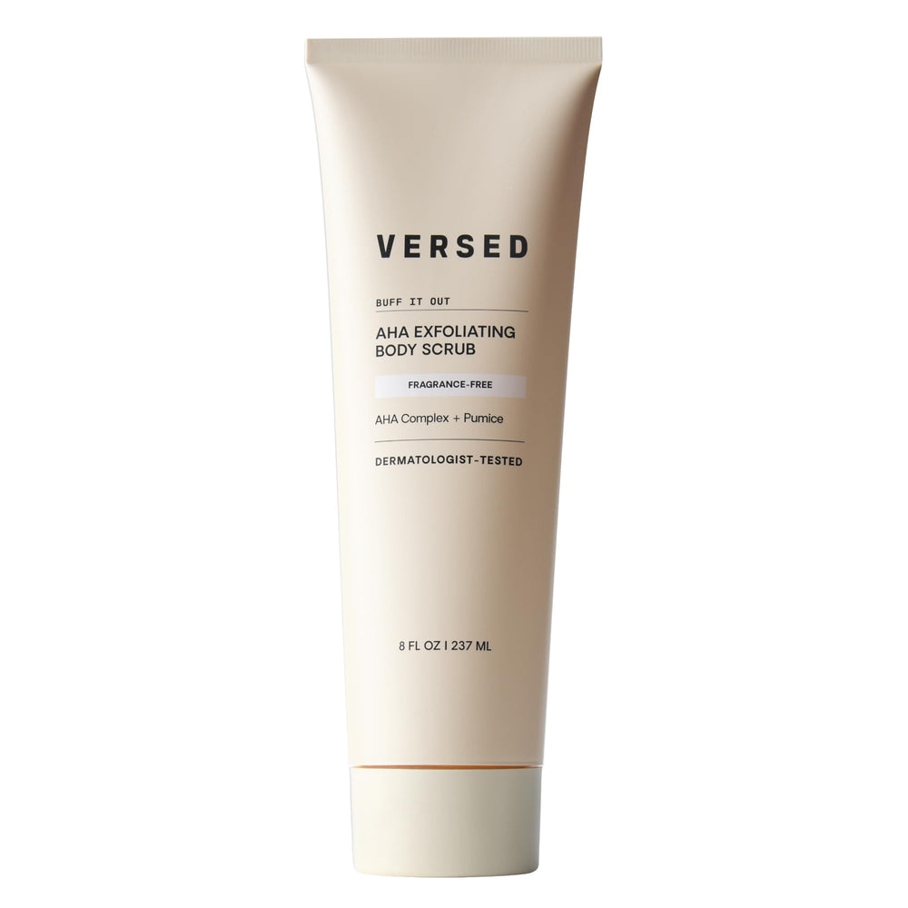 Versed Buff It Out exfoliating scrub jar demonstrates creamy texture for smoother, more refined skin.