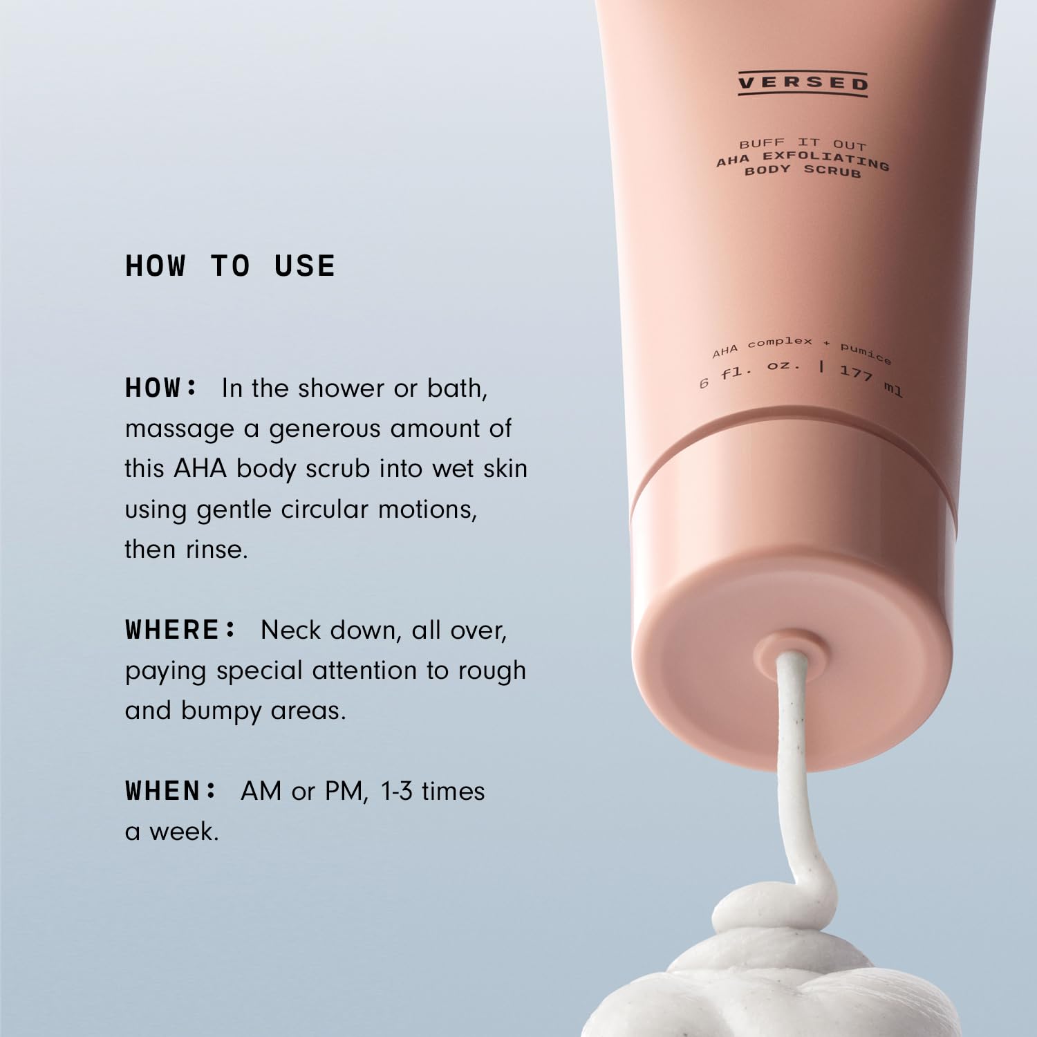 Versed Buff It Out in-shower application demonstrates a quick weekly exfoliation routine.