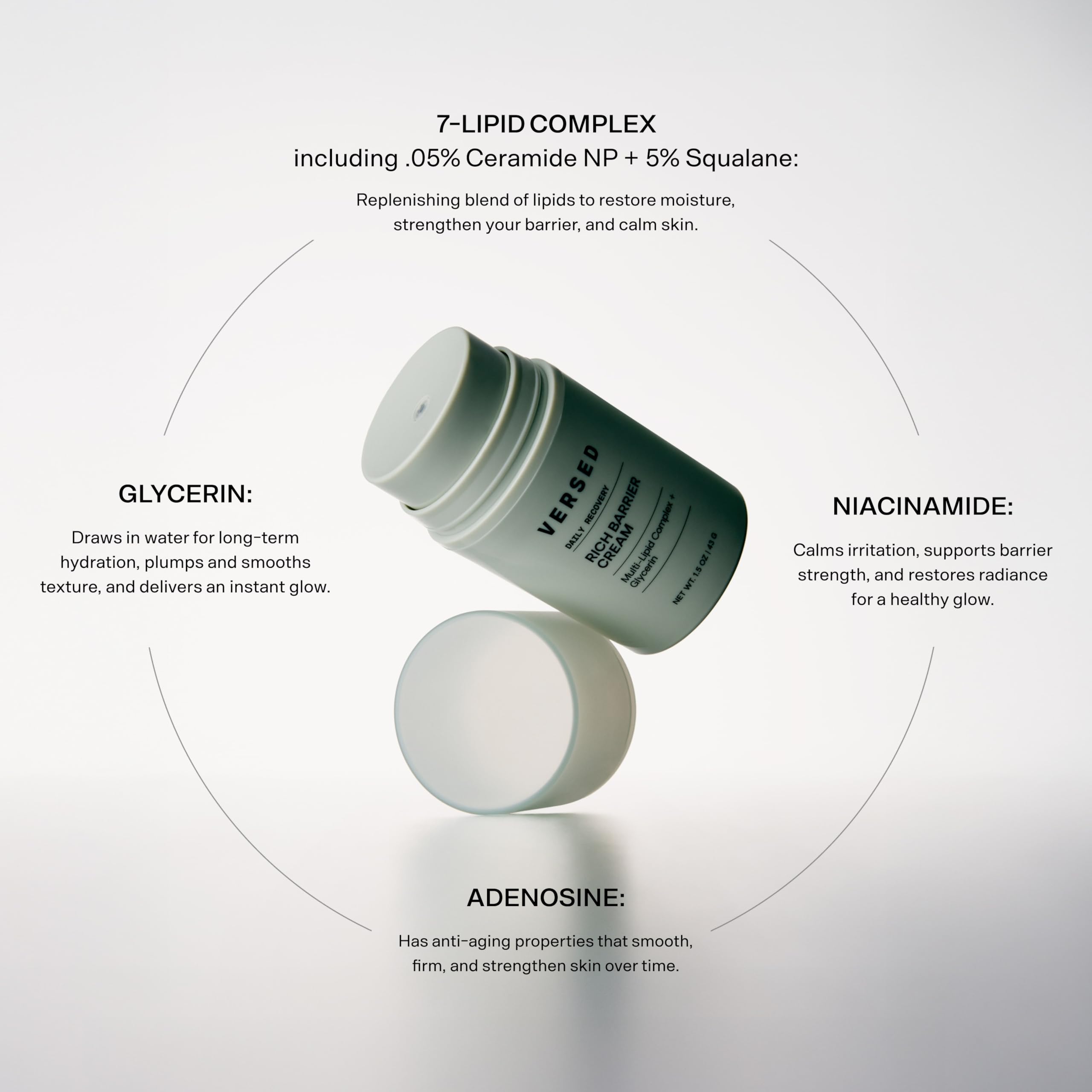 Versed Daily Recovery Rich Barrier Cream ingredients in glass dish featuring squalane and ceramides.