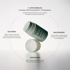 Versed Daily Recovery Rich Barrier Cream ingredients in glass dish featuring squalane and ceramides.