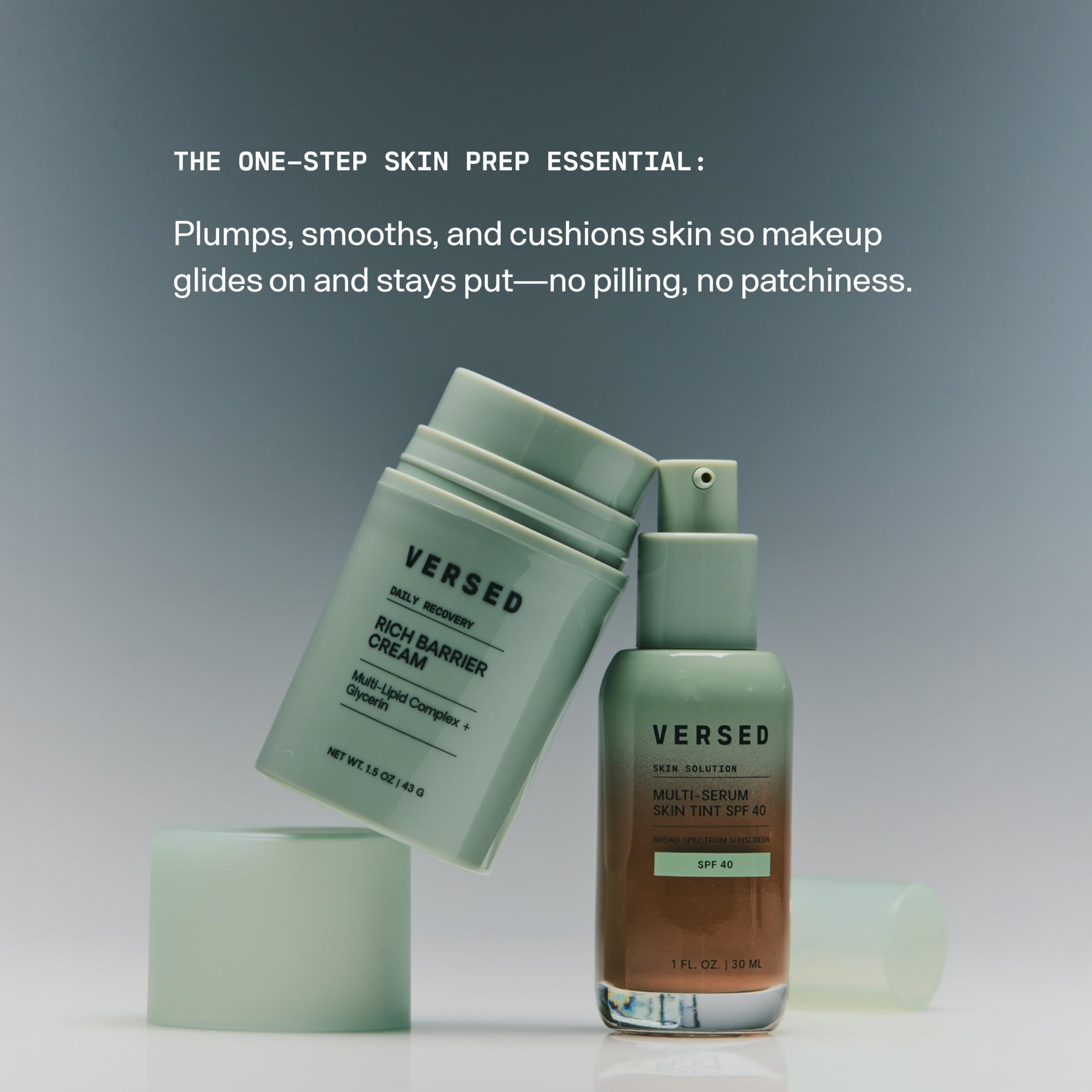 Versed Daily Recovery Rich Barrier Cream swatch under makeup suggests primer-friendly hydration.