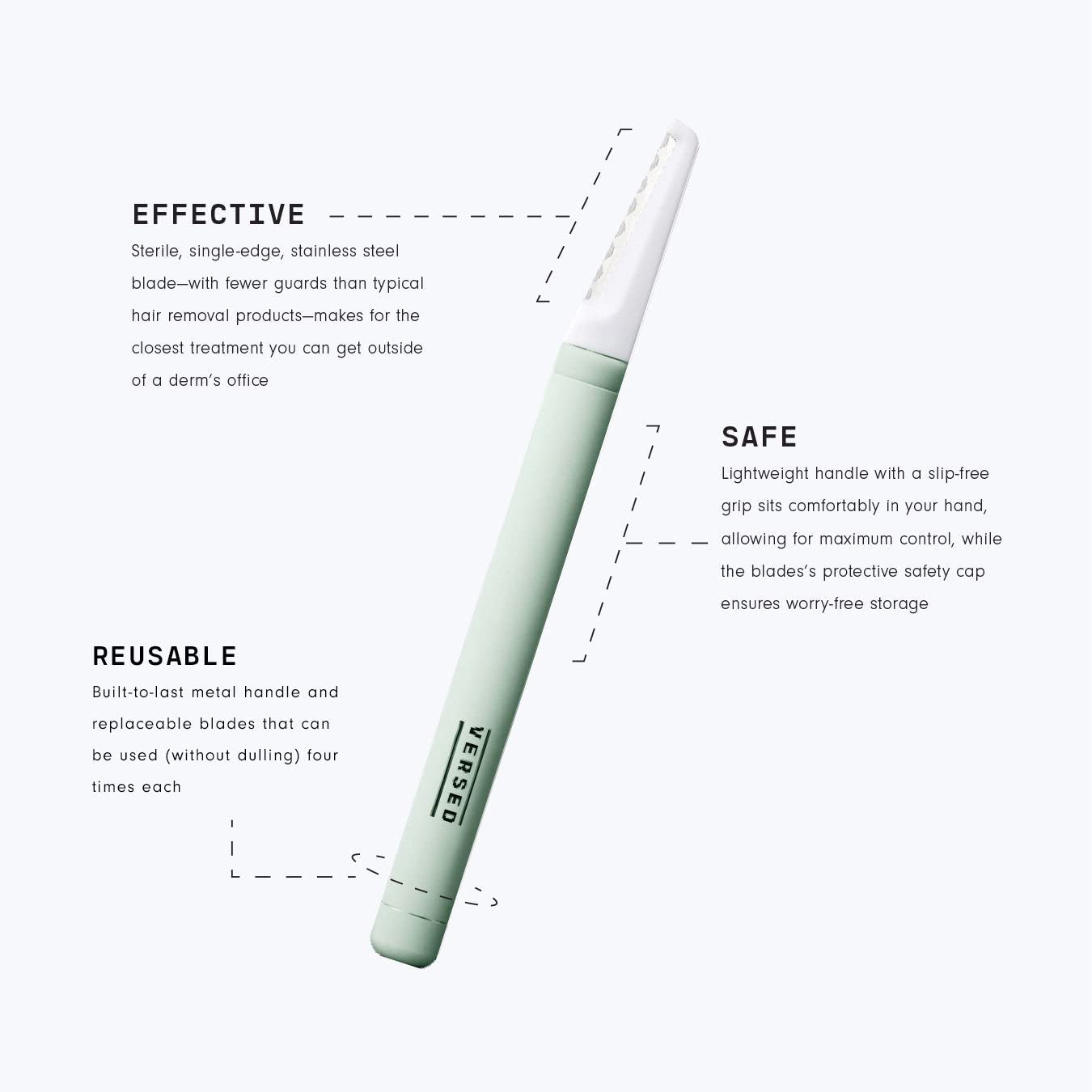Versed dermaplaning tool held at a slight angle, showcasing ergonomic design.