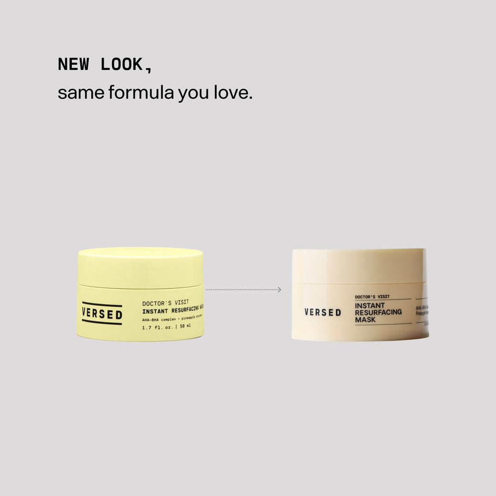 Versed Doctor's Visit mask bottle label highlights key pore and tone benefits.