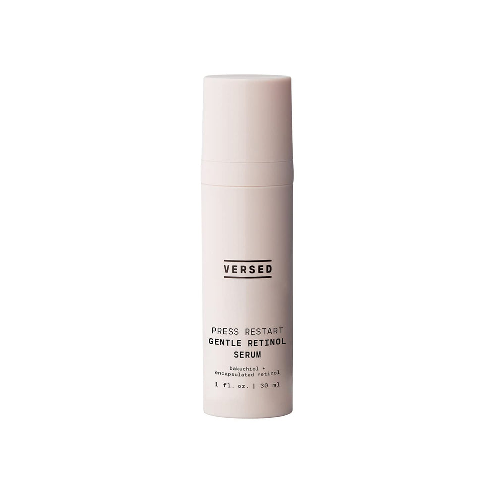 Versed Press Restart bottle close-up showing gentle retinol for sensitive skin