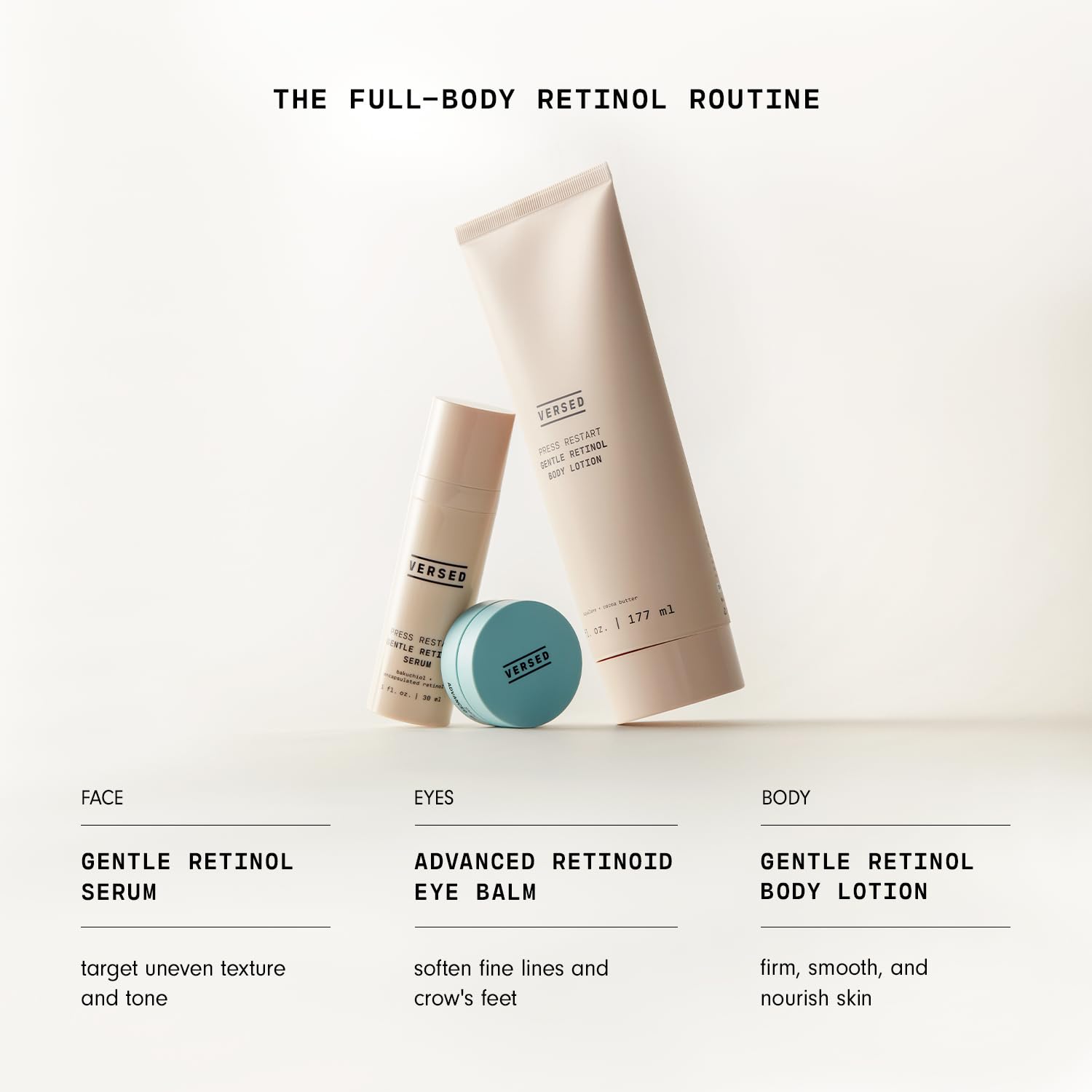 Versed Press Restart applied to elbows for smoother, moisturized skin.
