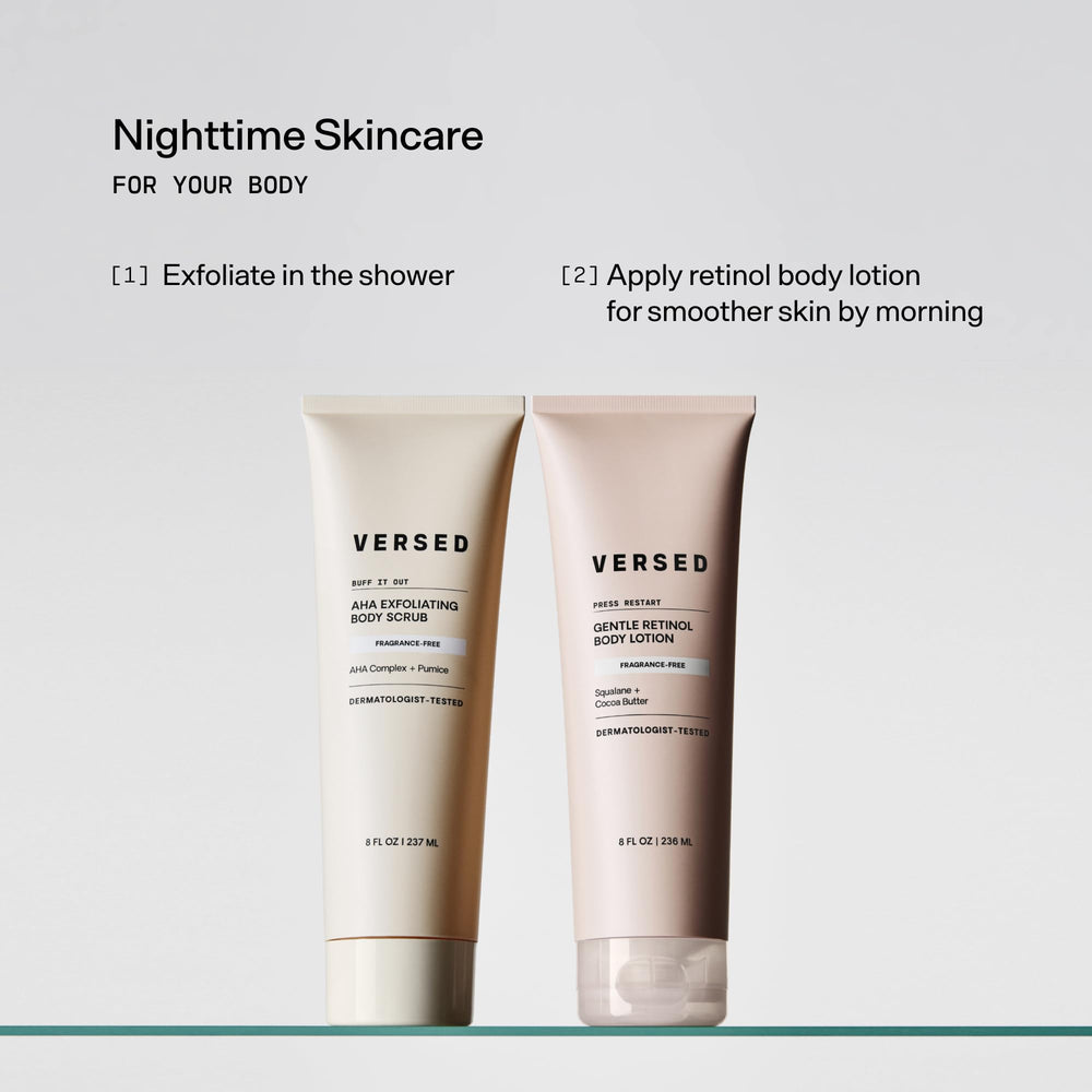 Versed Press Restart Retinol Body Lotion application on arm demonstrates gentle nightly use.