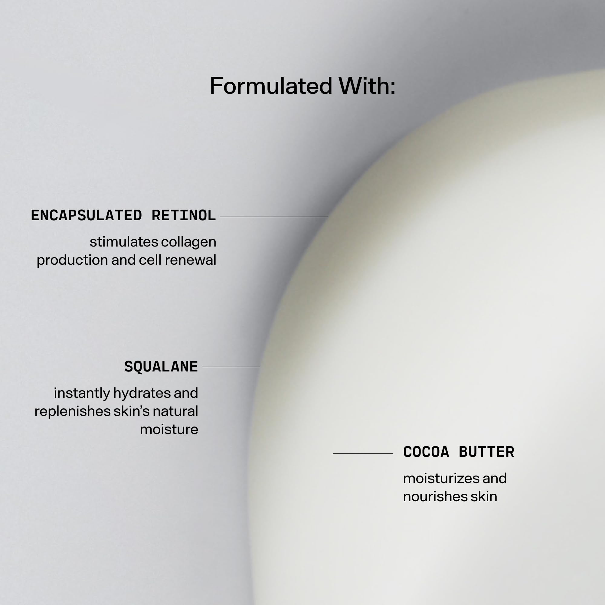 Versed Press Restart Retinol Body Lotion cocoa butter ingredient highlights rich moisture.