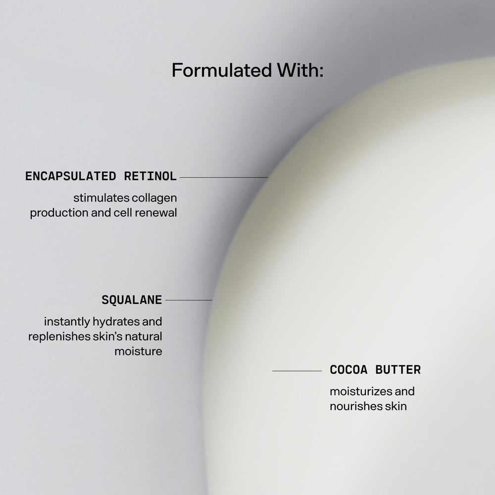 Versed Press Restart Retinol Body Lotion cocoa butter ingredient highlights rich moisture.