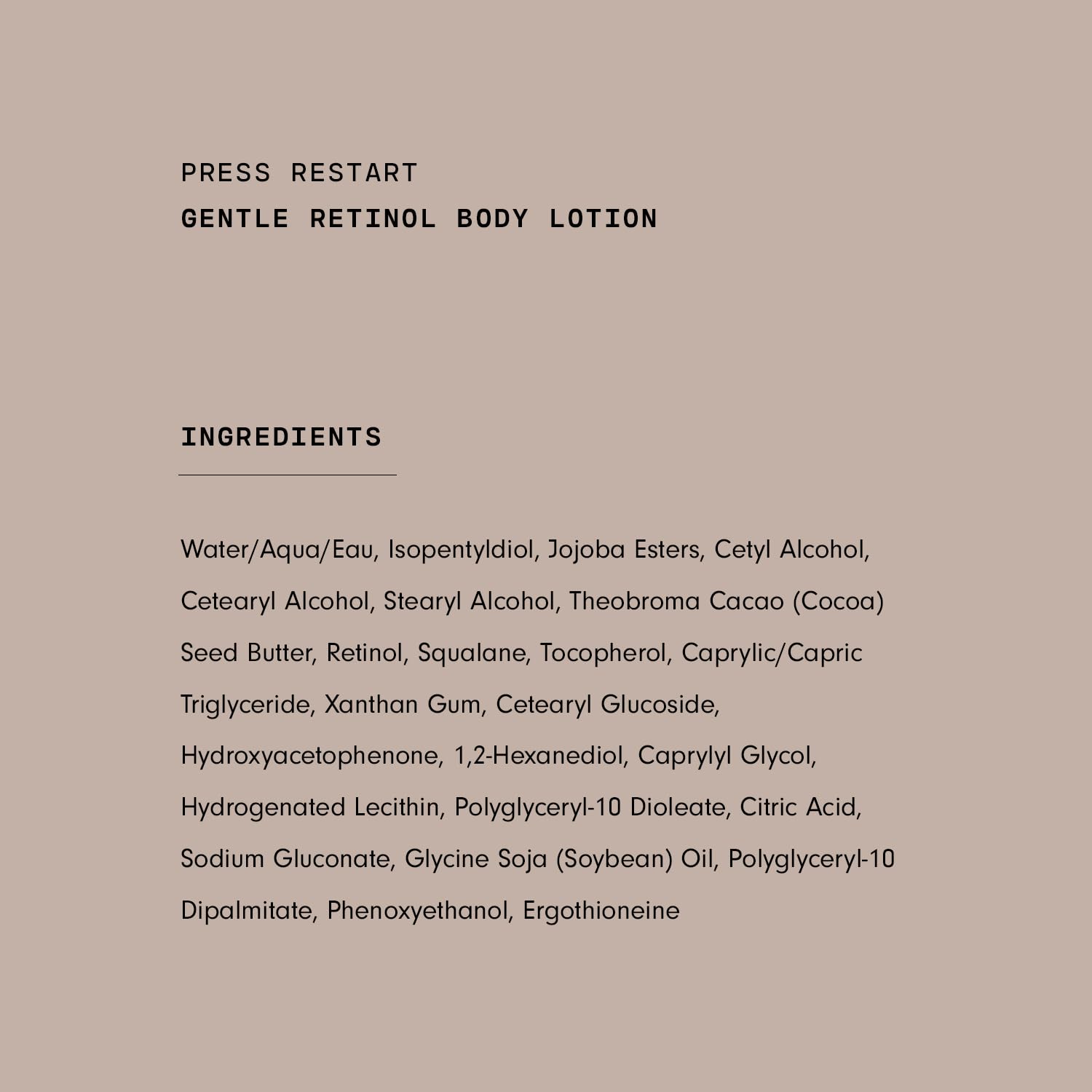Versed Press Restart bottle with cocoa butter and squalane icons signaling hydration