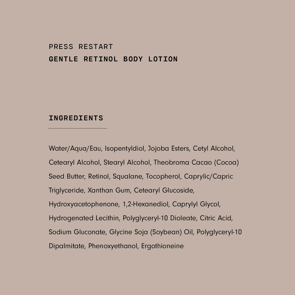 Versed Press Restart bottle with cocoa butter and squalane icons signaling hydration