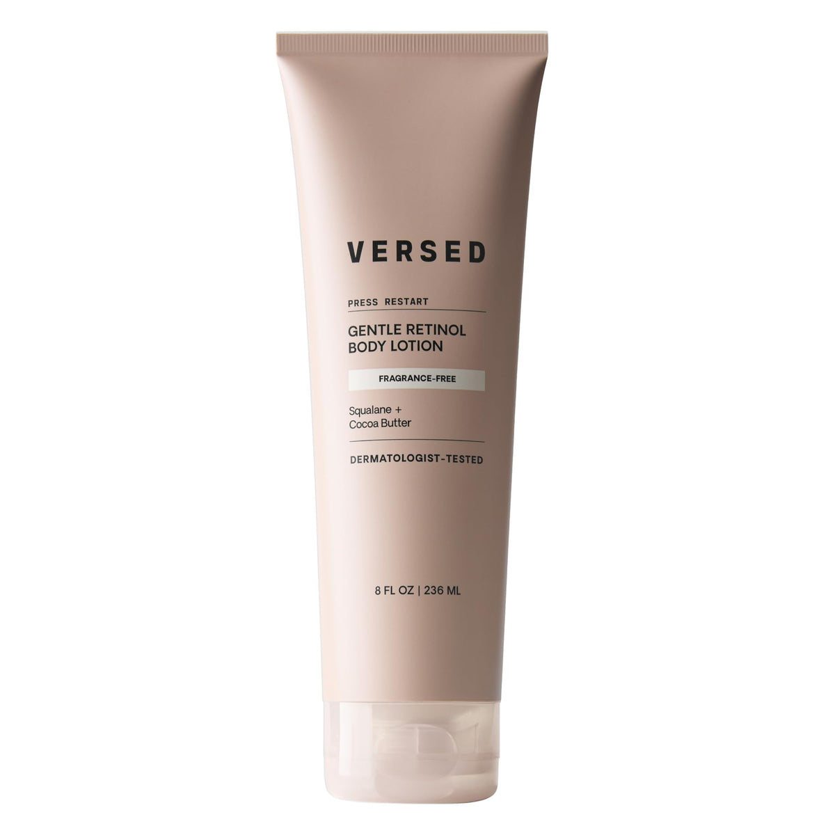 Versed Press Restart Retinol Body Lotion front view shows lightweight hydration for dry skin.