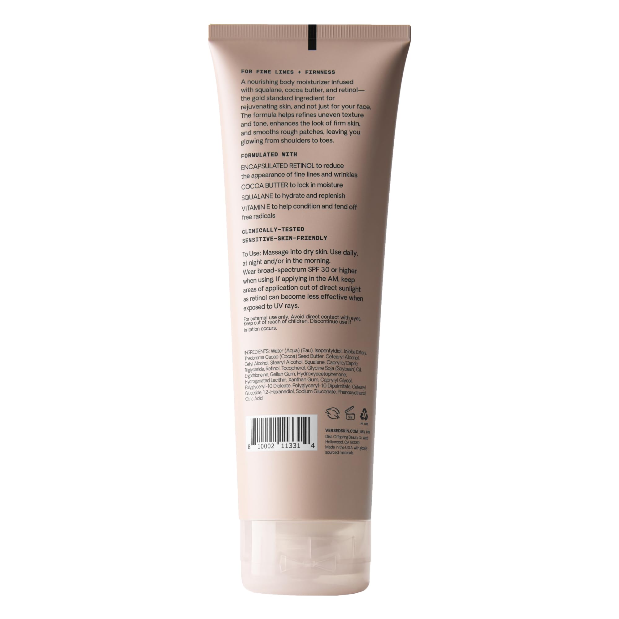 Versed Press Restart Retinol Body Lotion lifestyle shot suggests evening routine and skin comfort.