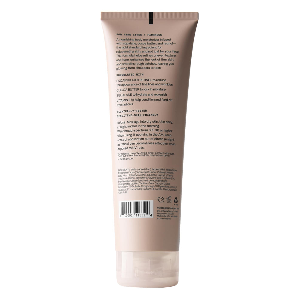 Versed Press Restart Retinol Body Lotion lifestyle shot suggests evening routine and skin comfort.