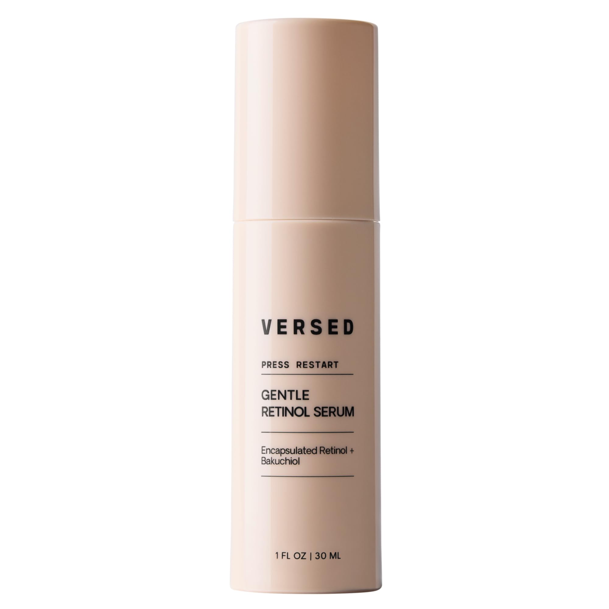 Versed Press Restart serum bottle with pump for gentle night routine on sensitive skin.