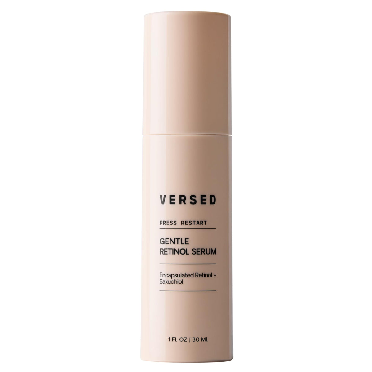 Versed Press Restart serum bottle with pump for gentle night routine on sensitive skin.