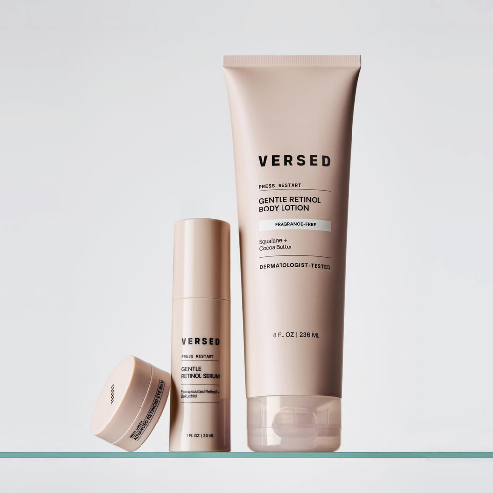 Versed Press Restart packaging detail shows compact bottle and precise dosing.