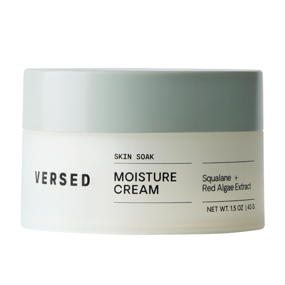 Versed Skin Soak Rich Moisture face cream jar closeup shows hydrating texture for dry skin