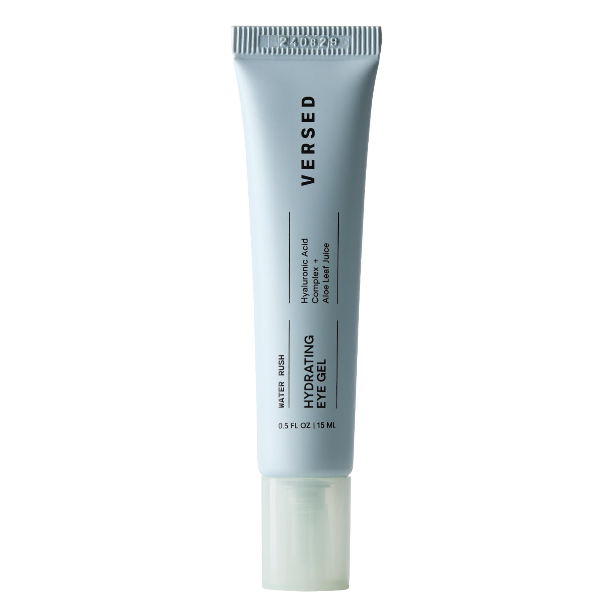 Versed Water Rush Eye Gel packaging shown, fragrance-free formula highlighted.