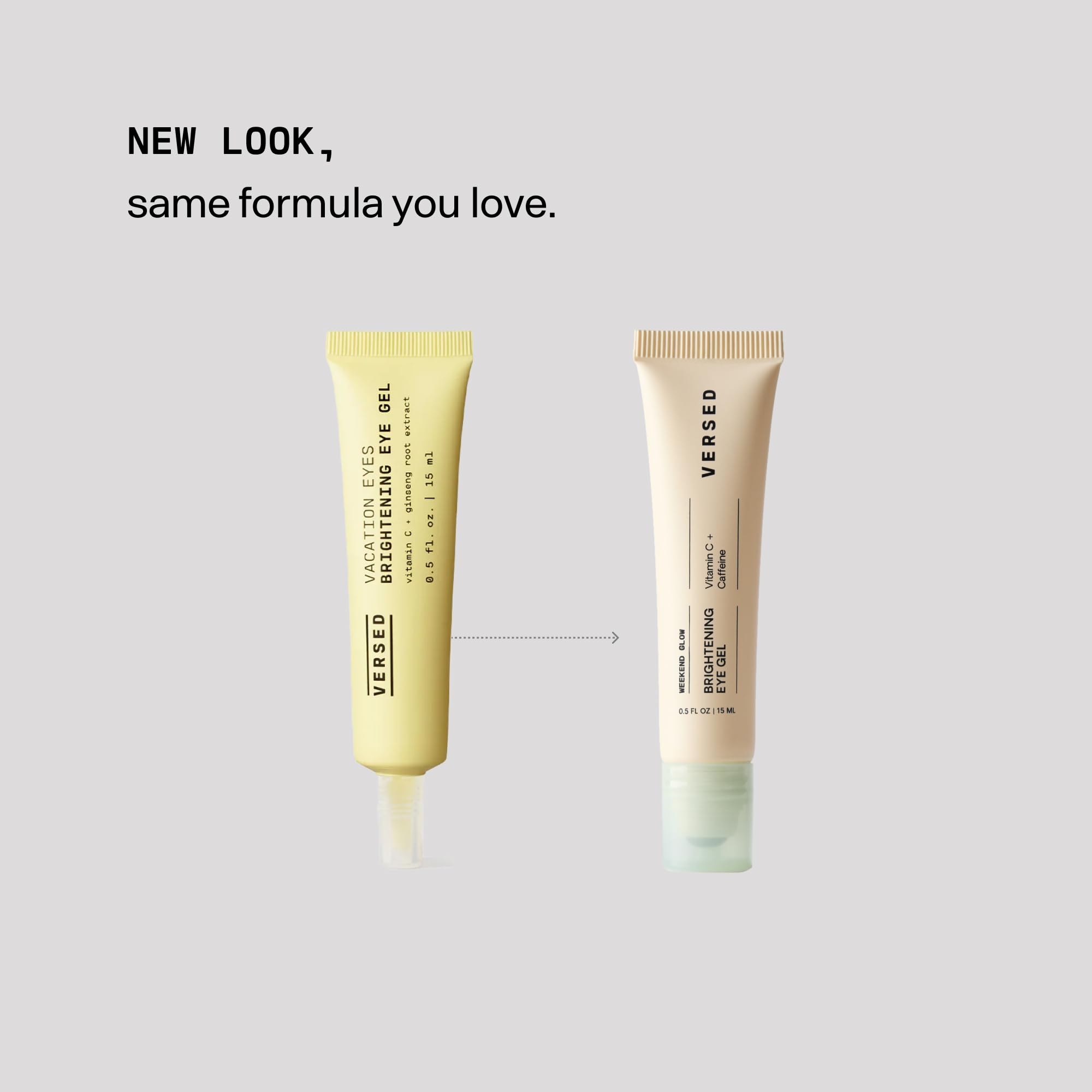 Versed Weekend Glow Eye Gel ingredients niacinamide vitamin C shown for smoother, brighter under-eye texture.