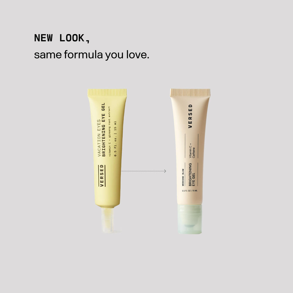 Versed Weekend Glow Eye Gel ingredients niacinamide vitamin C shown for smoother, brighter under-eye texture.