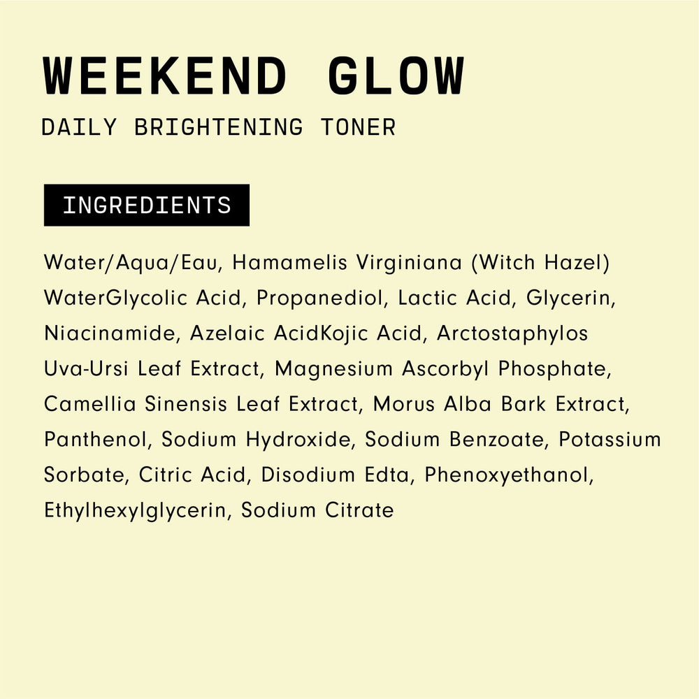 Versed Weekend Glow ingredients closeup highlights four-acid complex and natural brighteners.
