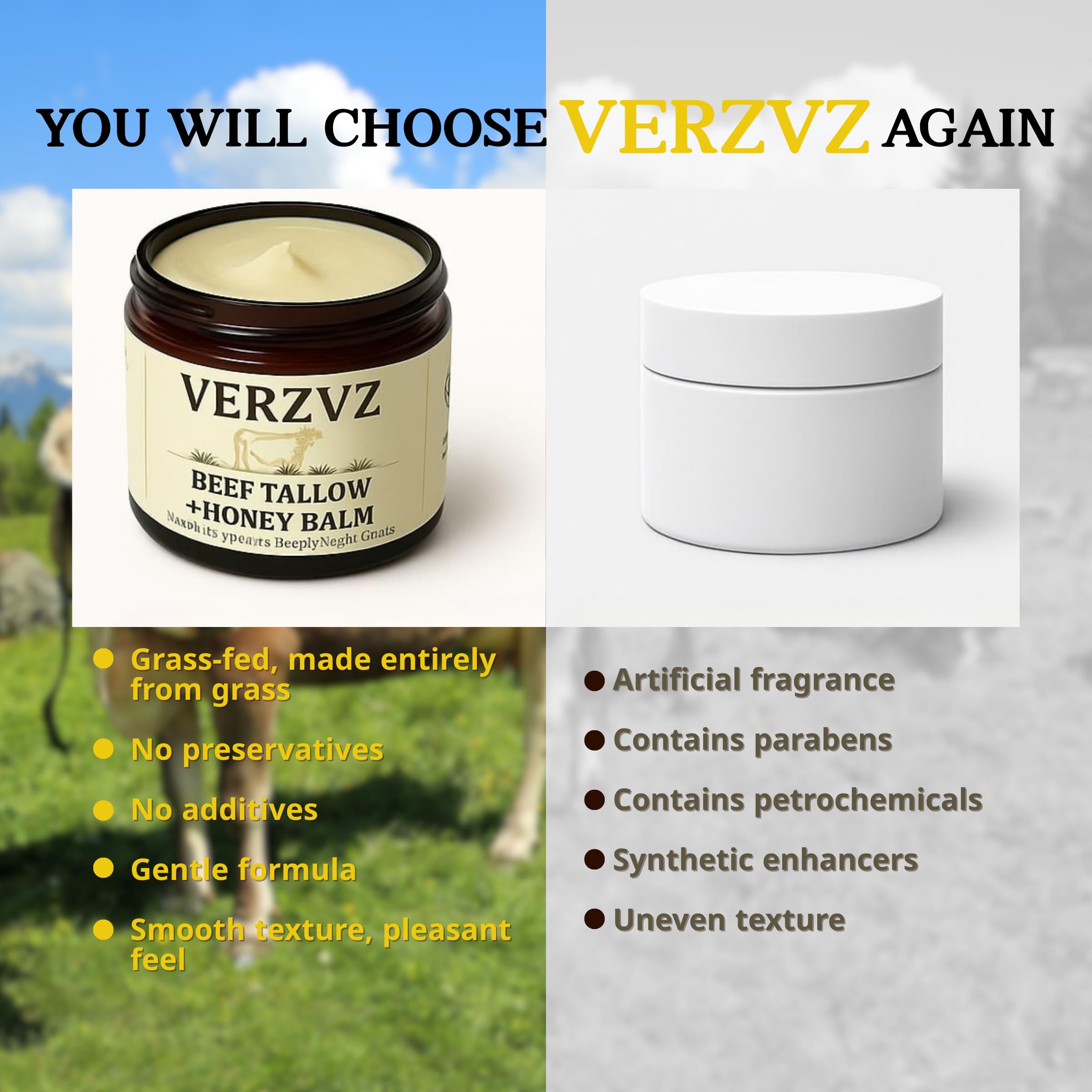 VERZVZ grass-fed-beef-tallow-source emphasizes high-quality ingredients from grass-fed cattle.