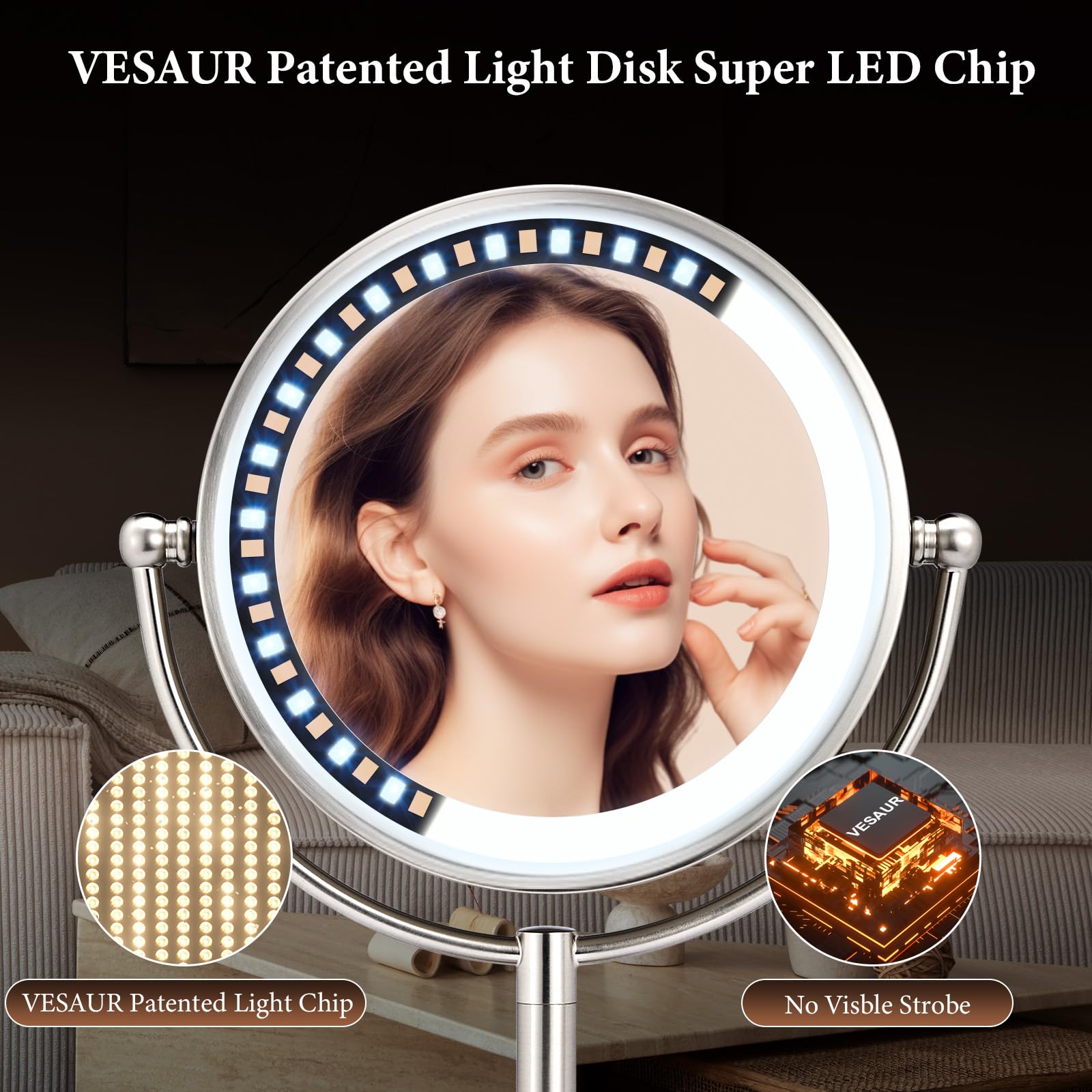 VESAUR mirror powered by AC or AAA batteries for flexible use