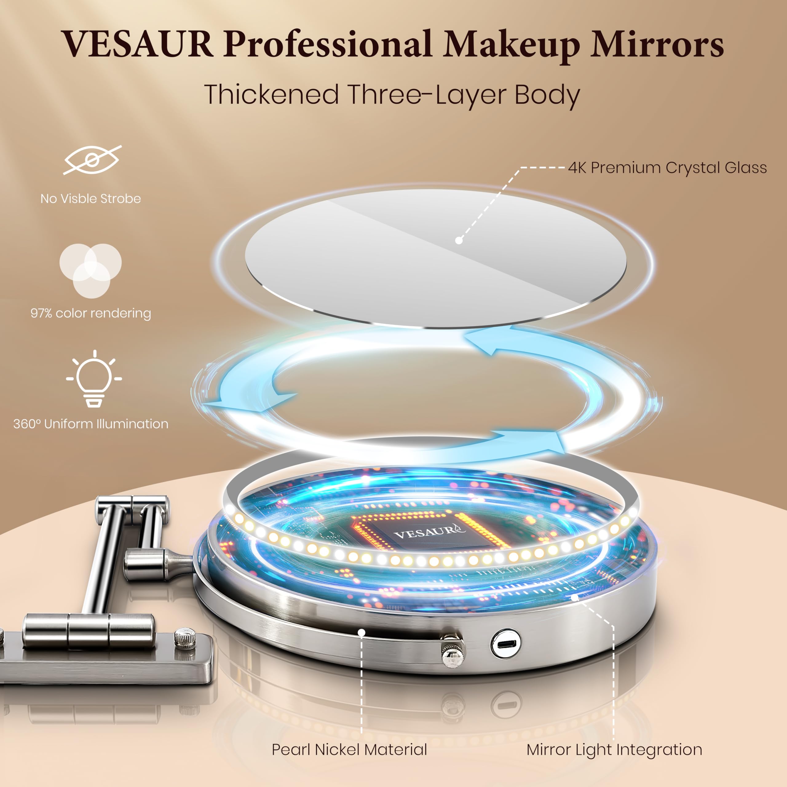 VESAUR pearl nickel finish resists fingerprints and humidity