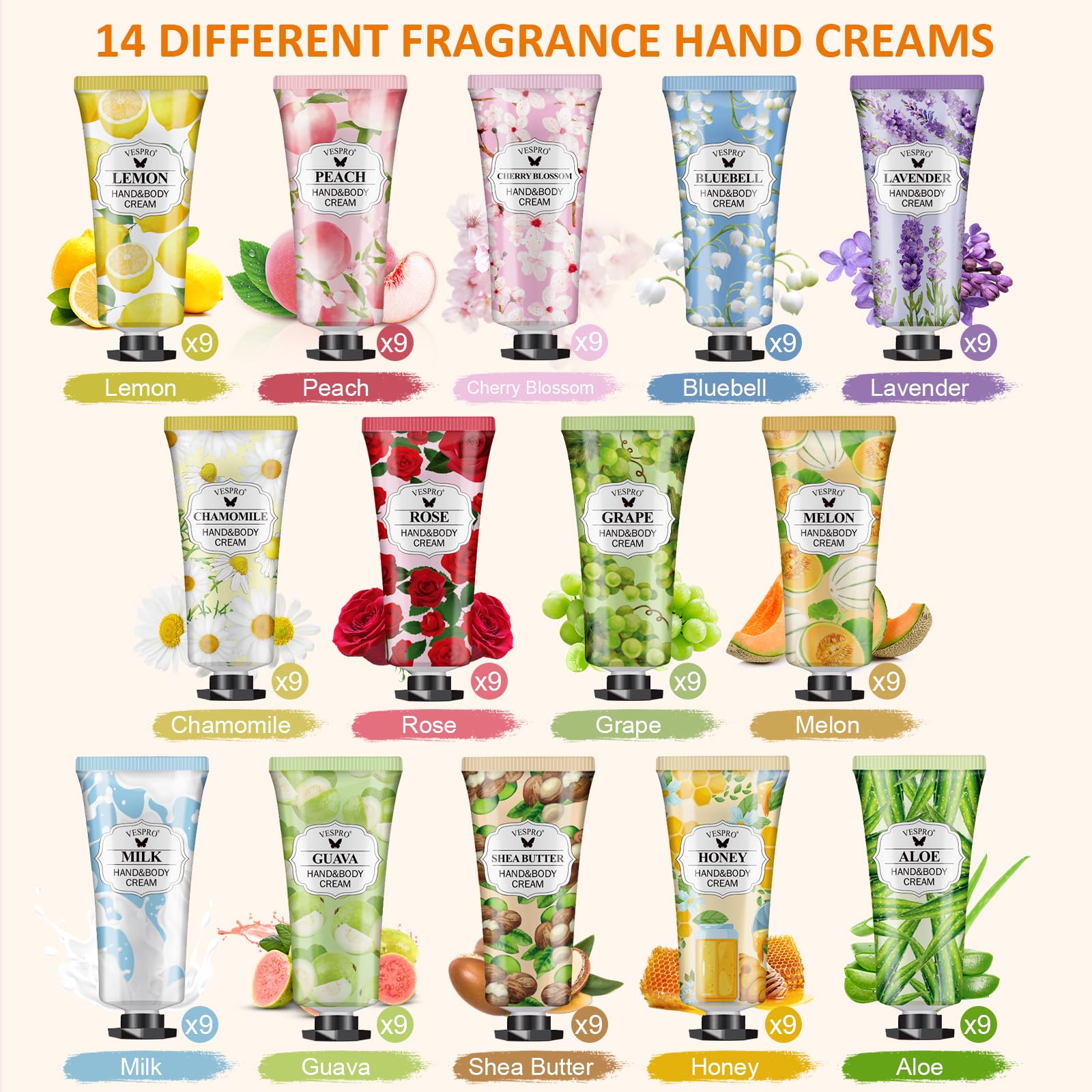 VESPRO hand cream tubes close-up highlighting travel-size minis for purse-ready moisture.