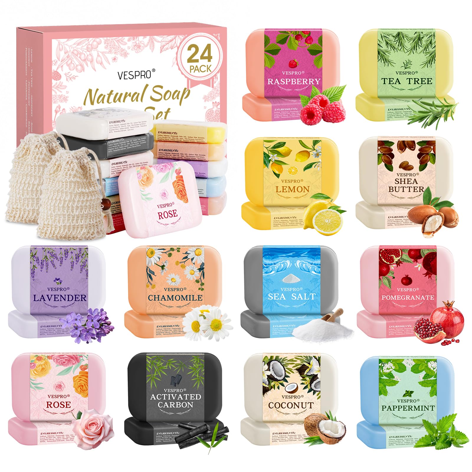 VESPRO 24-pack soap gift set image highlights assorted scents for gifting and everyday cleansing