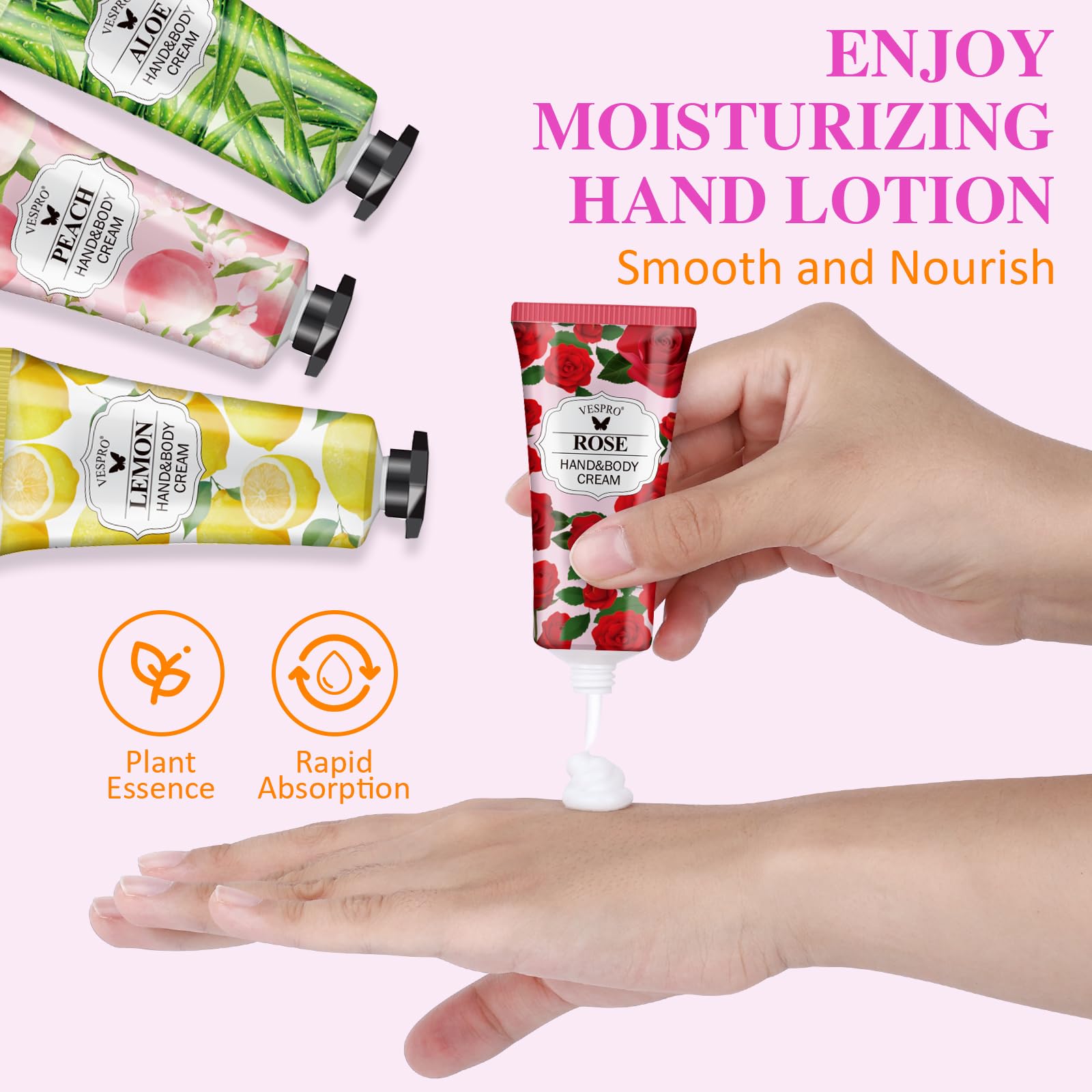 VESPRO peach bottle signals fruity scent plus quick moisture daily use.