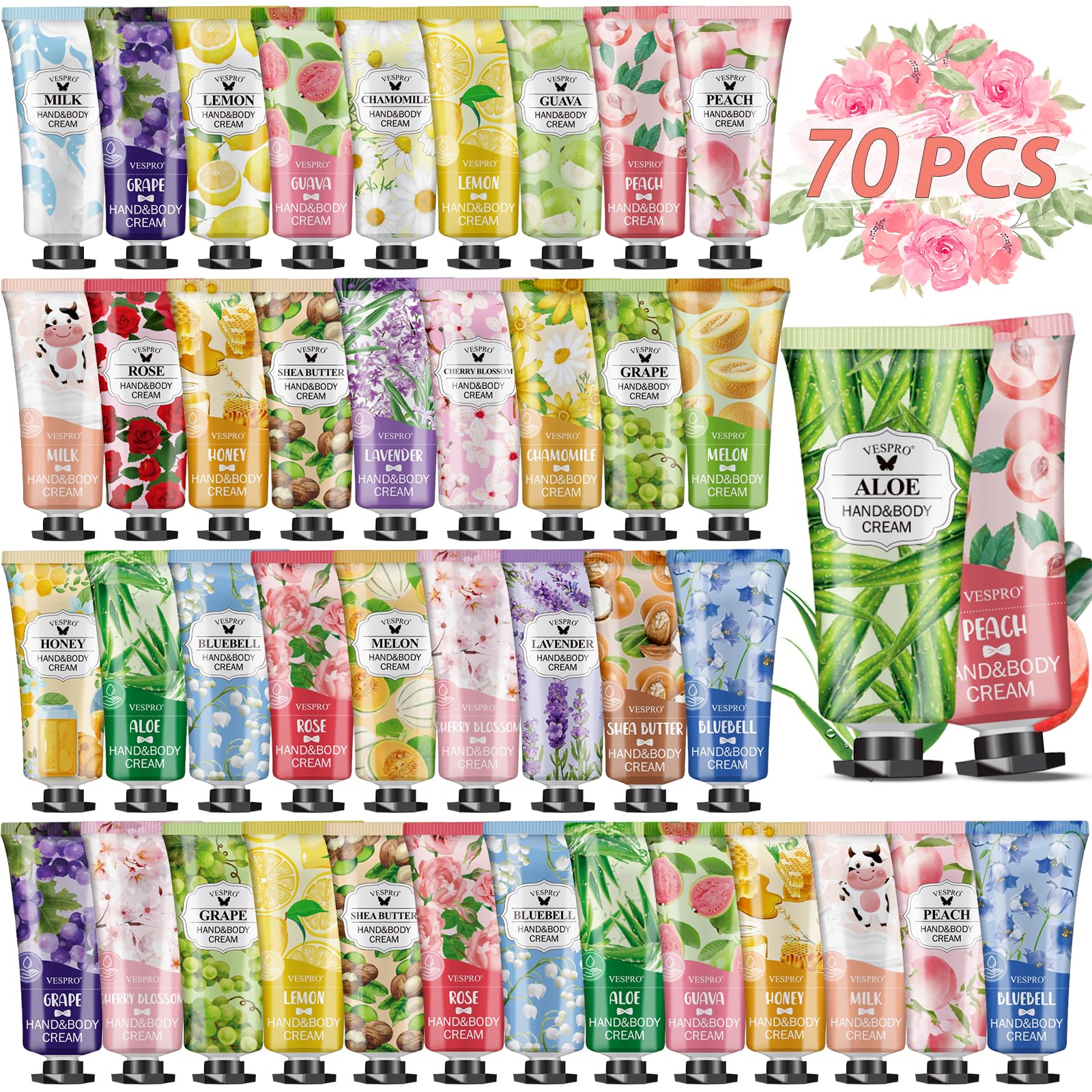 VESPRO 70-pack hand cream set rose bottle delivers daily nourishment for soft hands.