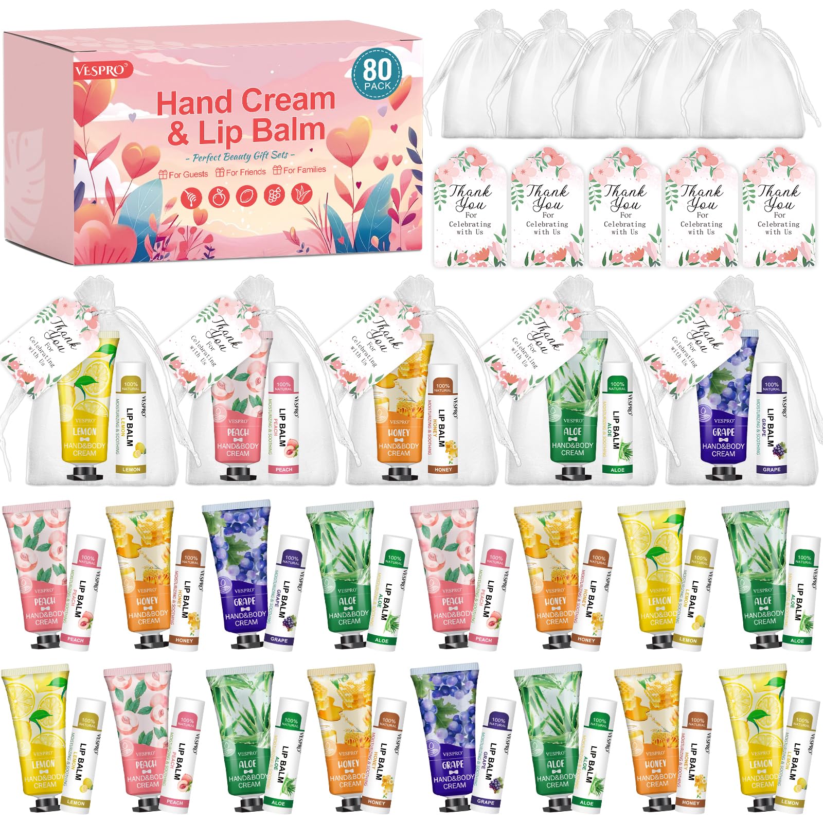VESPRO 80-pack hand cream set shown, bulk guest gifts with nourishing moisture.