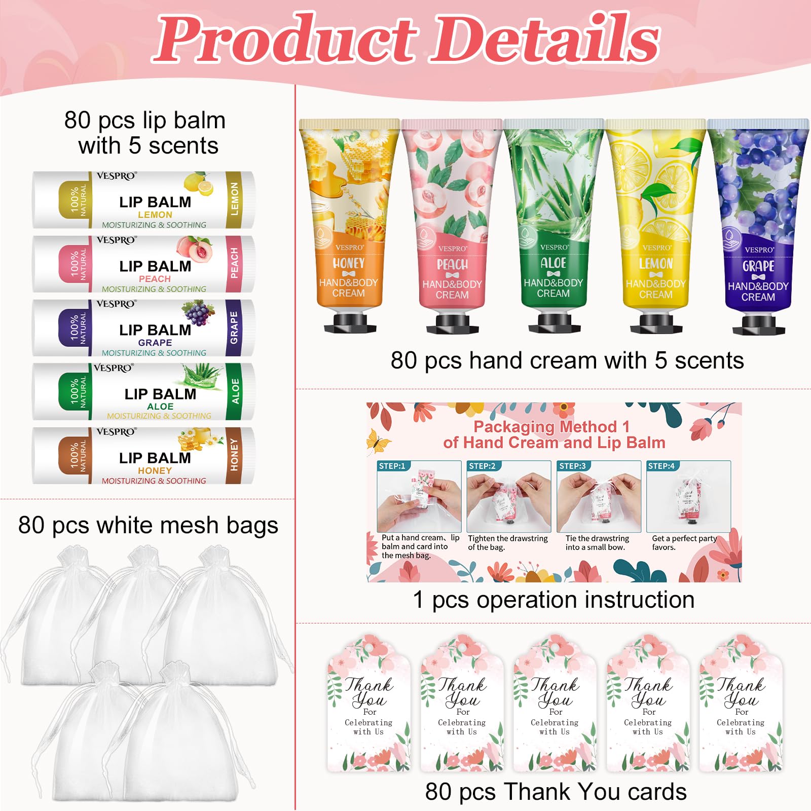 VESPRO 80-pack lip balm set shown, assorted flavors for weddings and events.