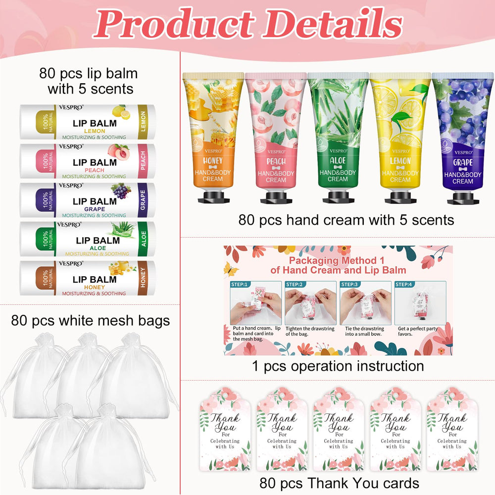 VESPRO 80-pack lip balm set shown, assorted flavors for weddings and events.