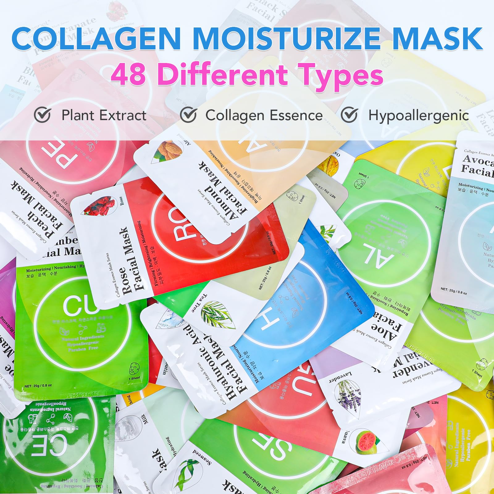 VESPRO collagen essence sheet mask showing suitability for various skin types and hydration
