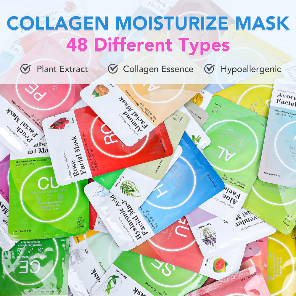 VESPRO collagen essence sheet mask showing suitability for various skin types and hydration