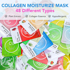 VESPRO collagen essence sheet mask showing suitability for various skin types and hydration