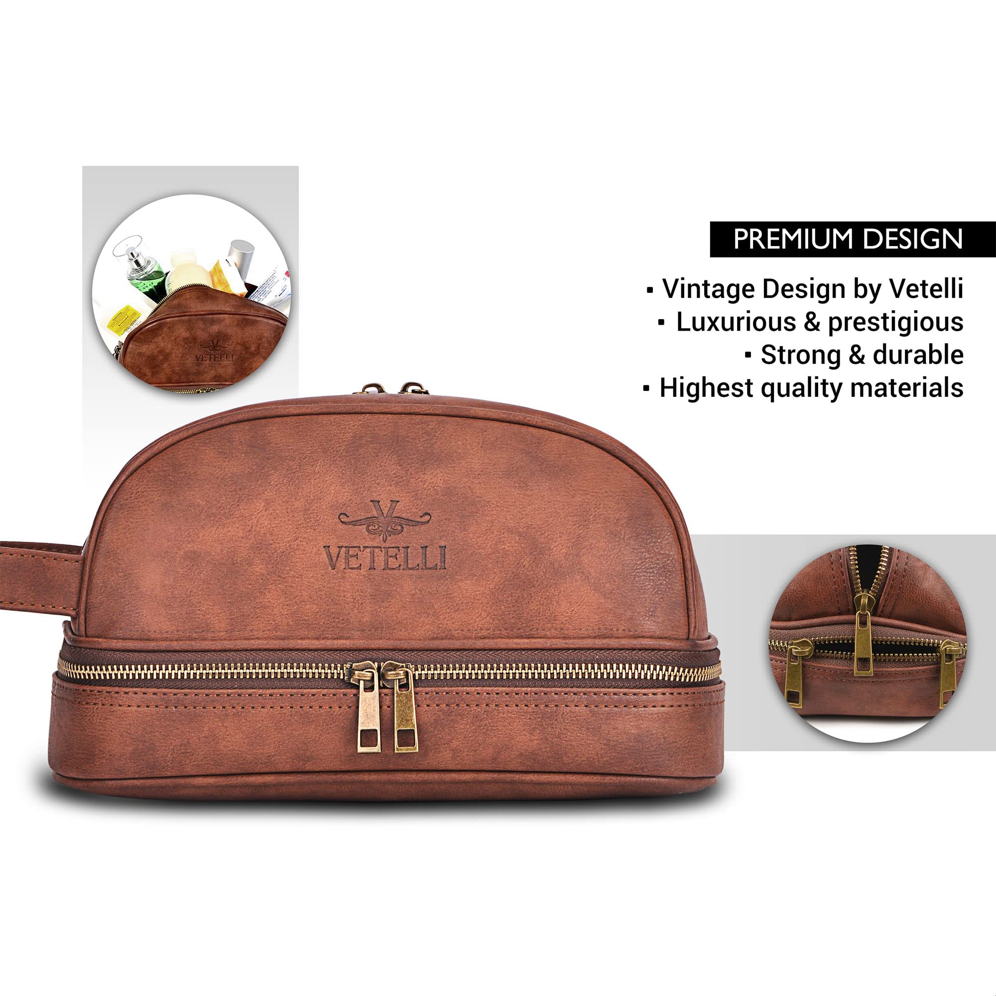 Vetelli Classic Leather Dopp Kit carrying handle for easy transport.