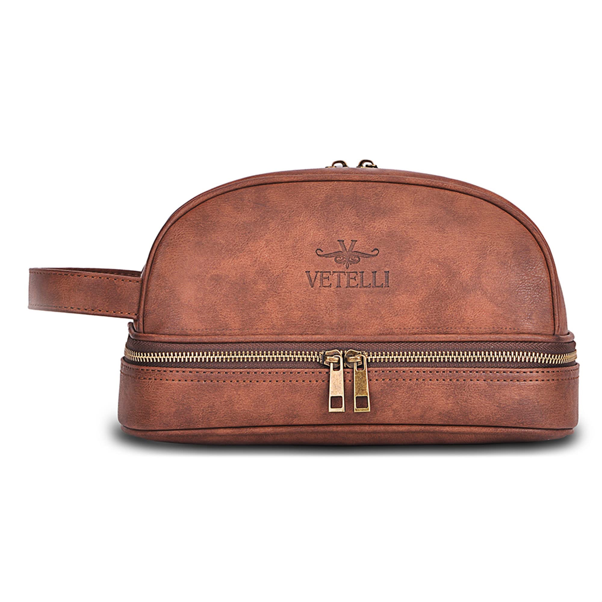 Vetelli Classic Leather Dopp Kit travel setup on bathroom counter.