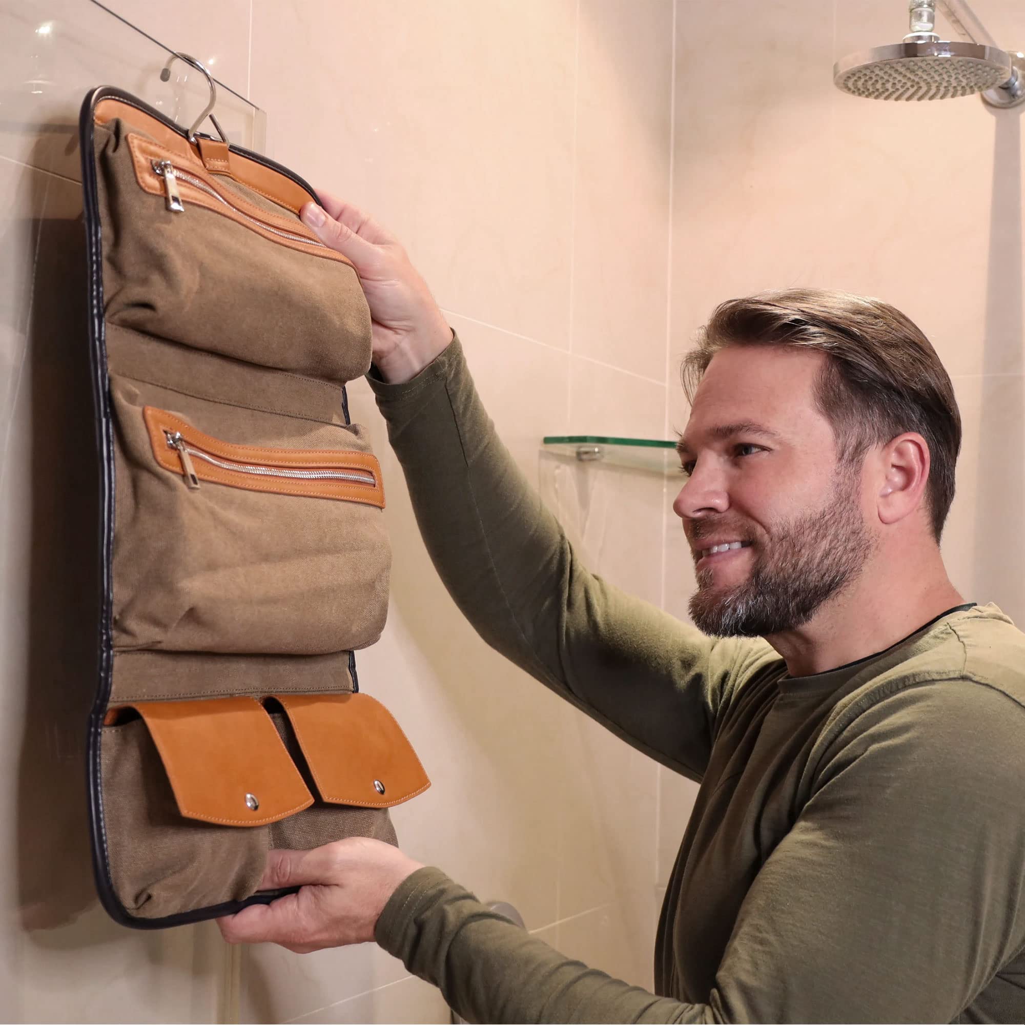 Vetelli Leather Toiletry Bag interior zippered pocket two for better separation.
