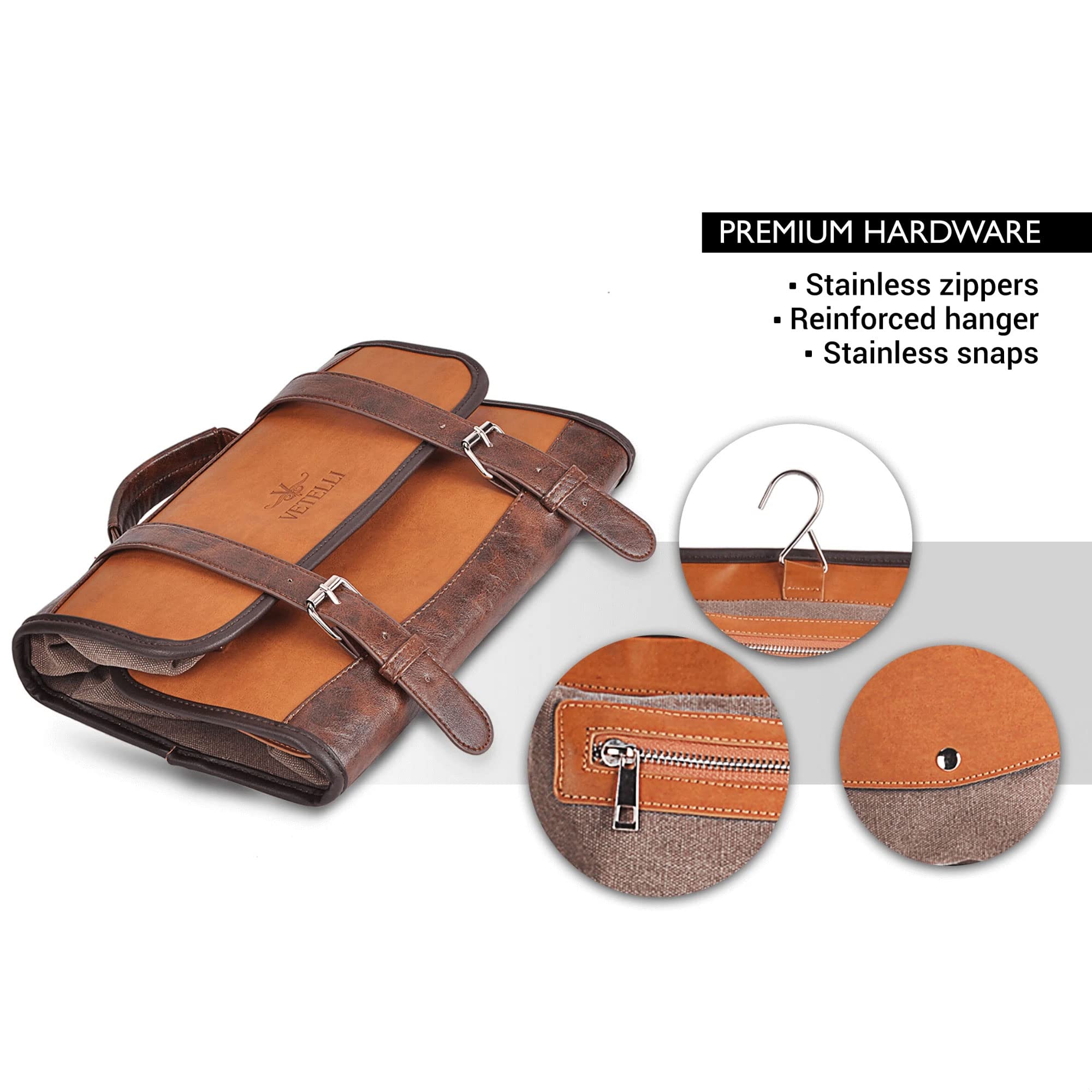 Vetelli Leather Toiletry Bag shows premium leather texture and craftsmanship.