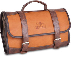 Vetelli Leather Toiletry Bag for Men, opened with hanging hook for easy access.