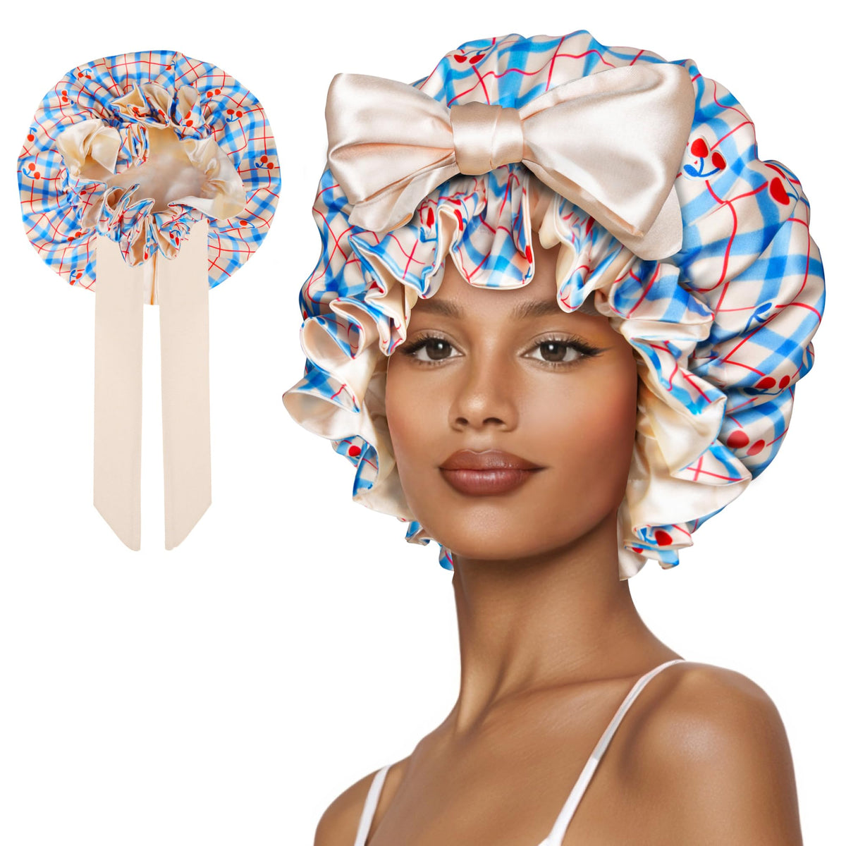 Vettres cute adjustable silk bonnet front view for overnight curl protection
