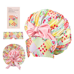 Vettres satin bonnet with detachable eye mask demonstrates versatile sleep and nap-ready styling.