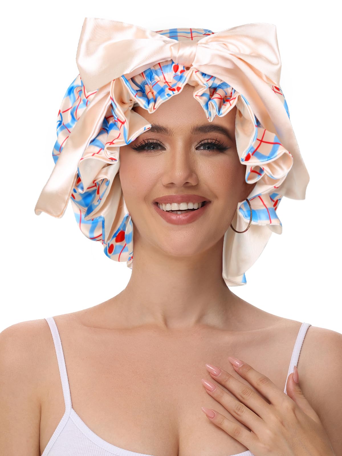Vettres satin bonnet tie-band bow demonstrates customizable fit