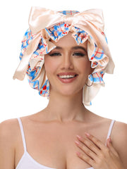 Vettres satin bonnet tie-band bow demonstrates customizable fit