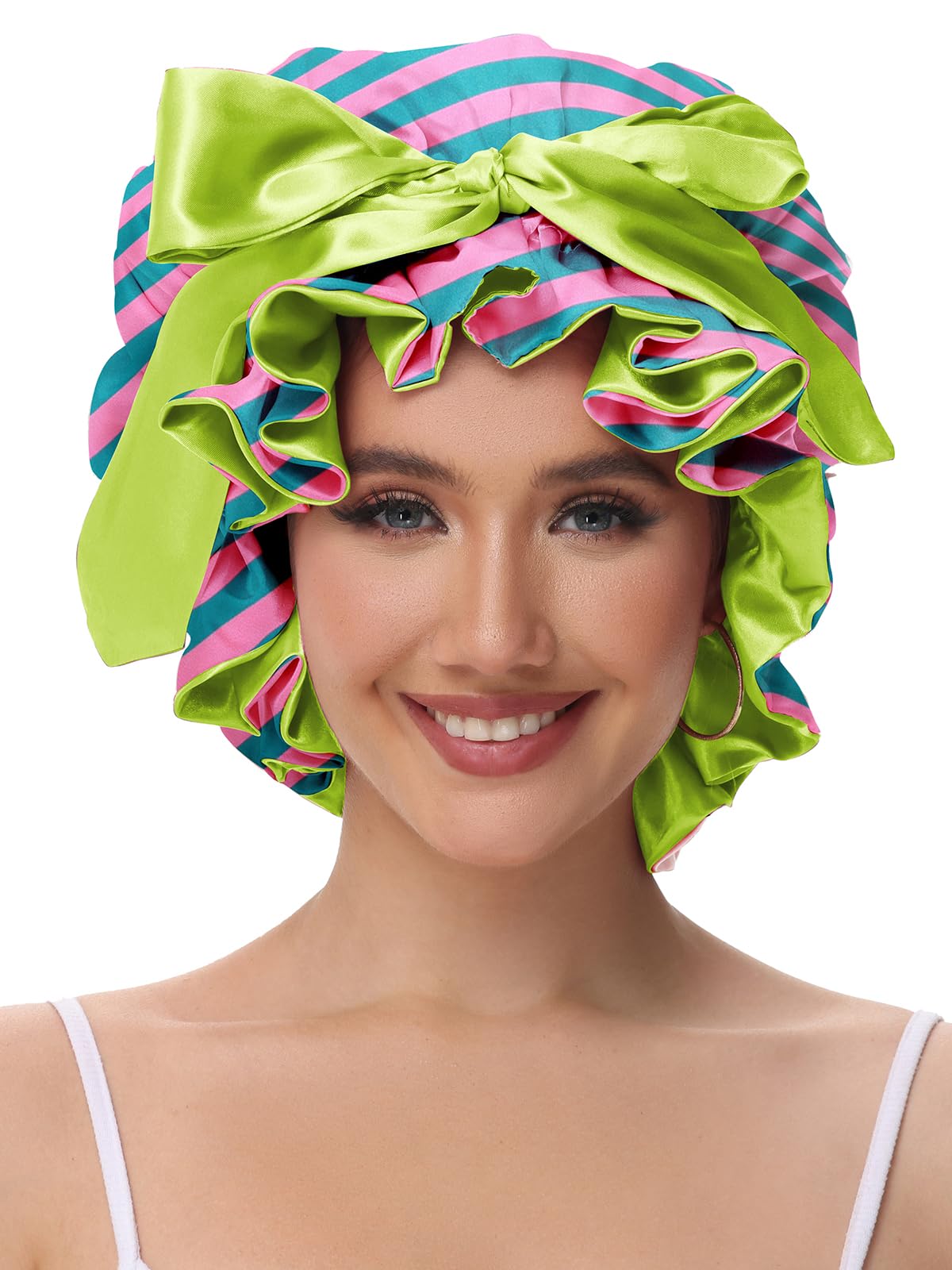 Vettres satin shower cap closeup on adjustable band emphasizes secure, comfortable fit.