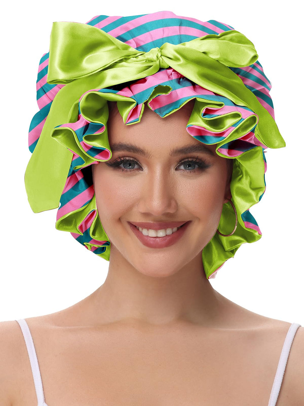 Vettres satin shower cap closeup on adjustable band emphasizes secure, comfortable fit.